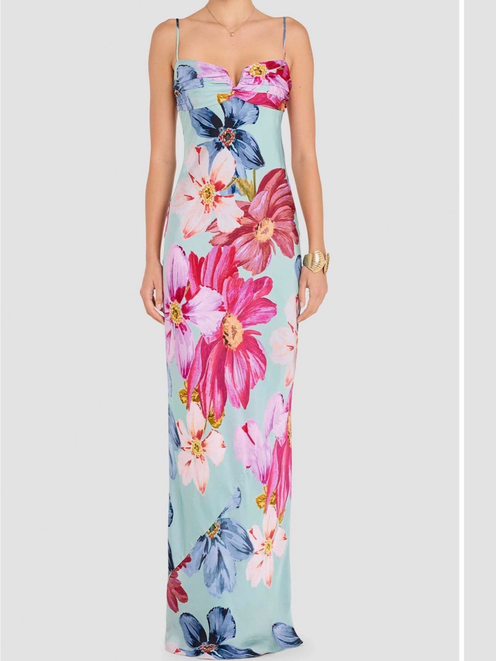 Amanda Uprichard Aqua Floral Maxi Dress with Pink & Blue Blooms
